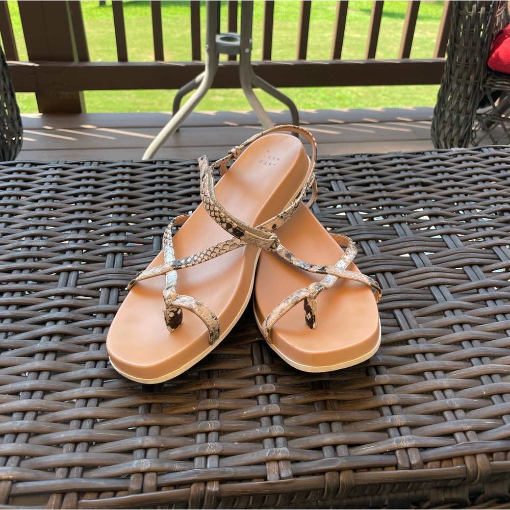 A new day, strappy metallic snake skin flat sandal